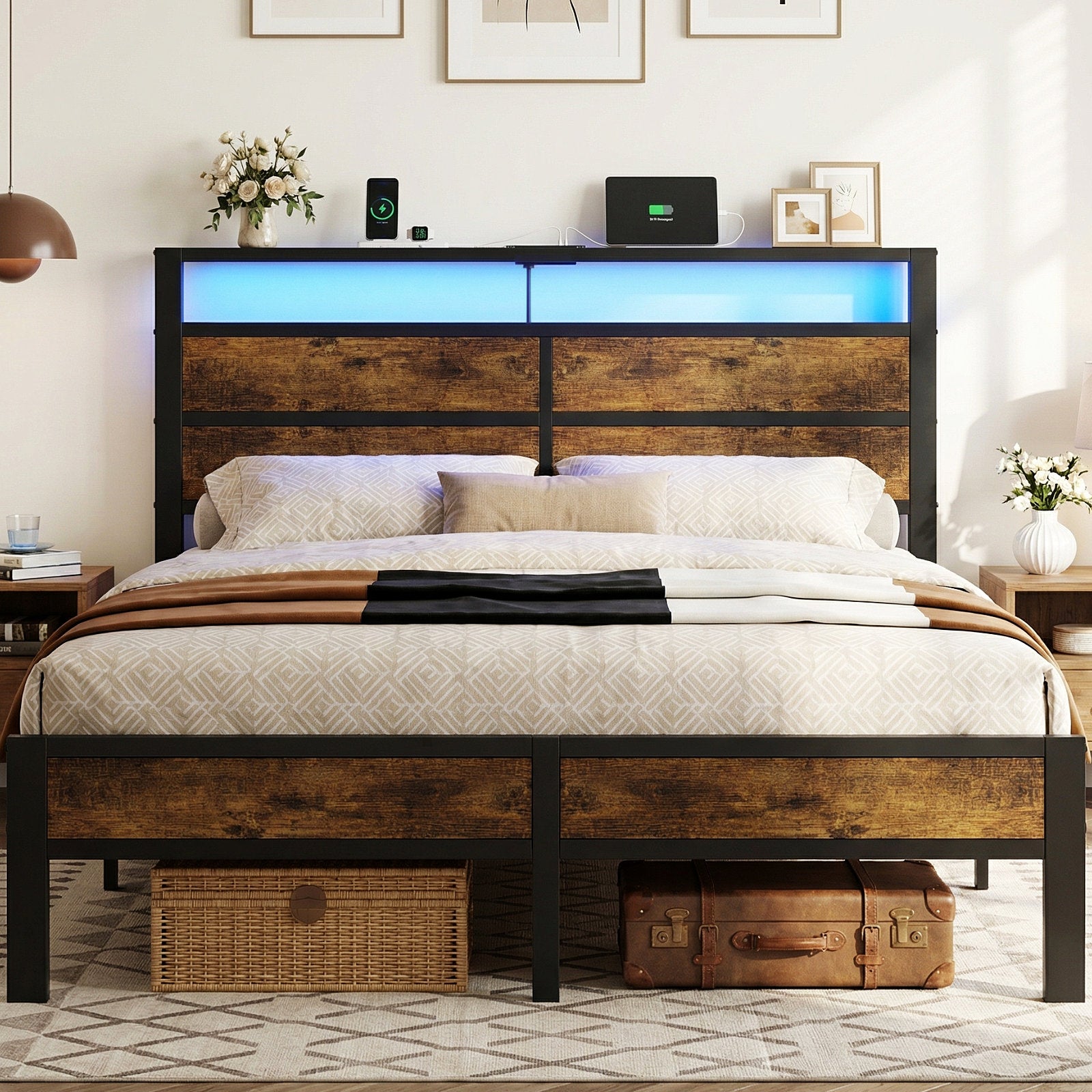 Dayago Full Bed Frames with Charging Station and LED Lights, Full Size Wood Headboard Platform Bed with Metal Slats, No Box Spring Needed and Noise Free, Brown Oak