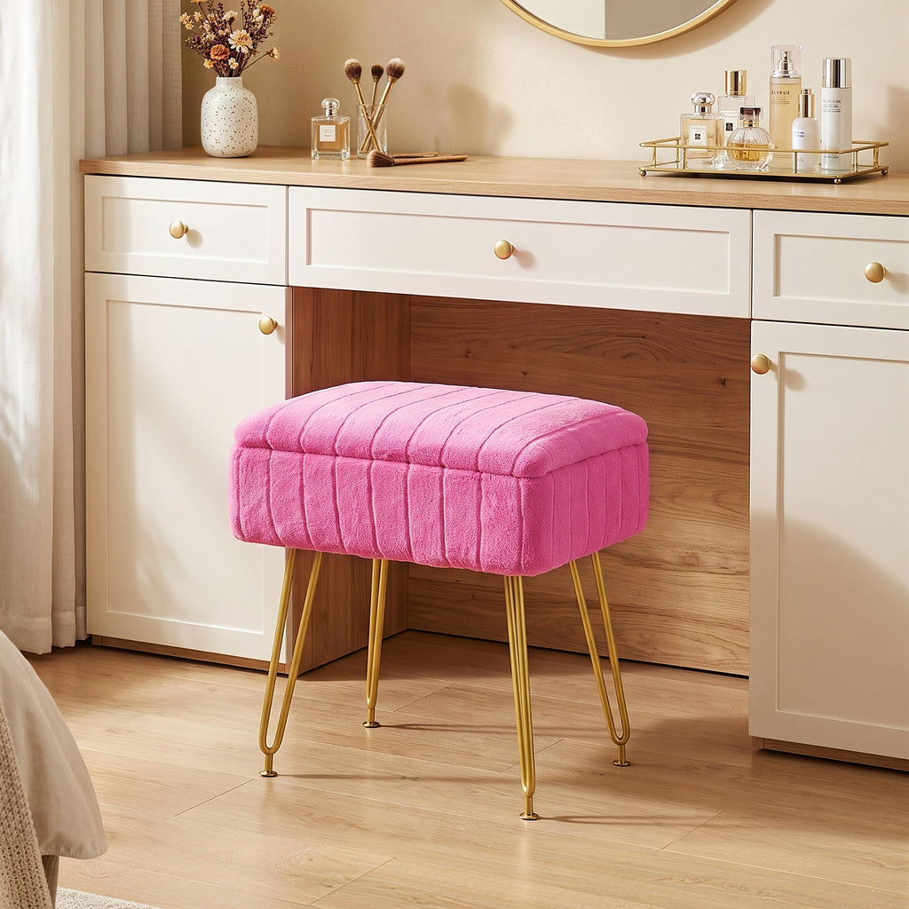 Kbun Faux Fur Vanity Stool with Storage, Makeup Ottoman Chair with Upholstered Seat, Metal Legs & Anti-Slip Feet for Bedroom, Living Room, Rose Pink