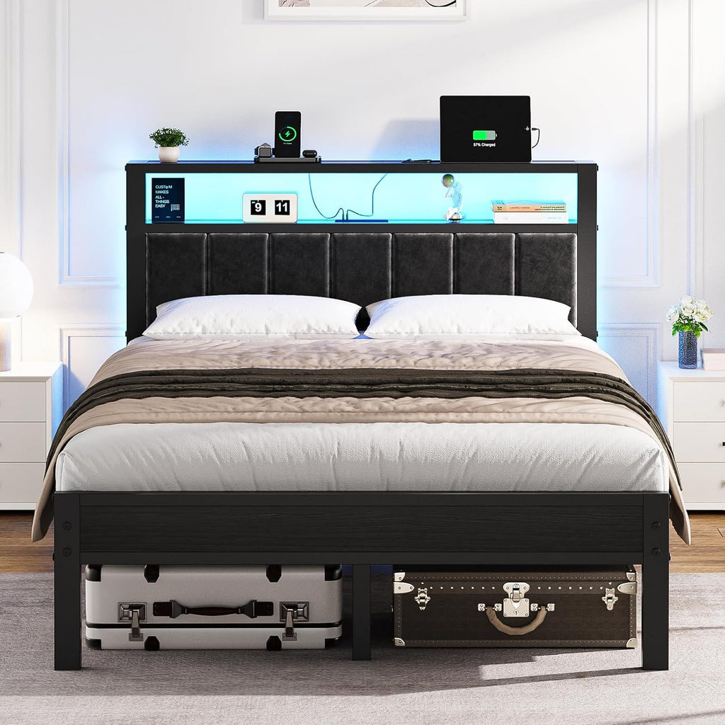 OLEVS Full Bed Frame with LED Lights & Charging Station Modern Platform Bed| Upholstered 2-Tier Storage Headboard, No Box Spring Needed, Easy Assembly
