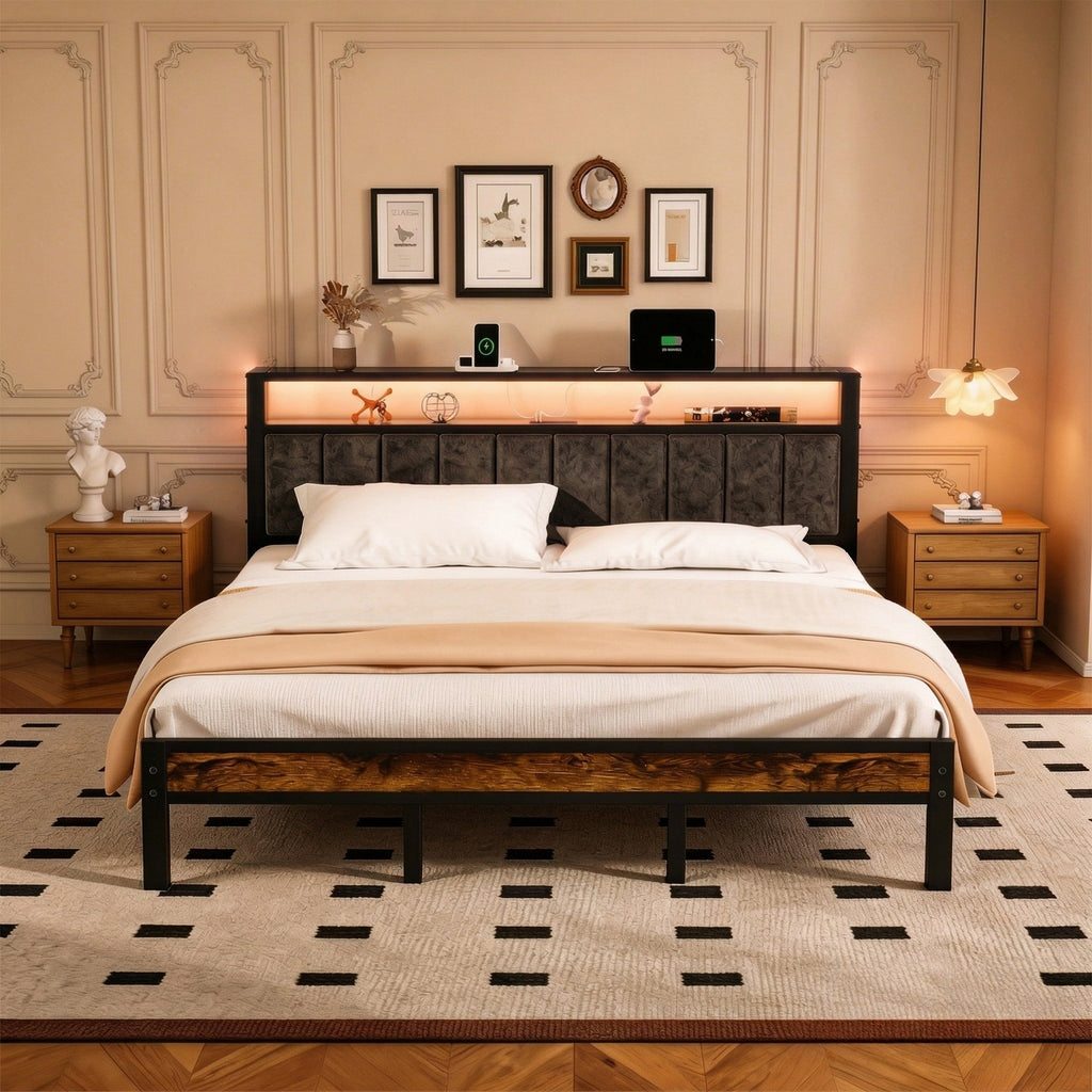 Bexfil King Size Bed Frame with LED Lights, Charging Station and Shelf Upholstered Headboard, Heavy Duty Metal Platform Bed, Noise Free, No Box Spring Needed, Brown