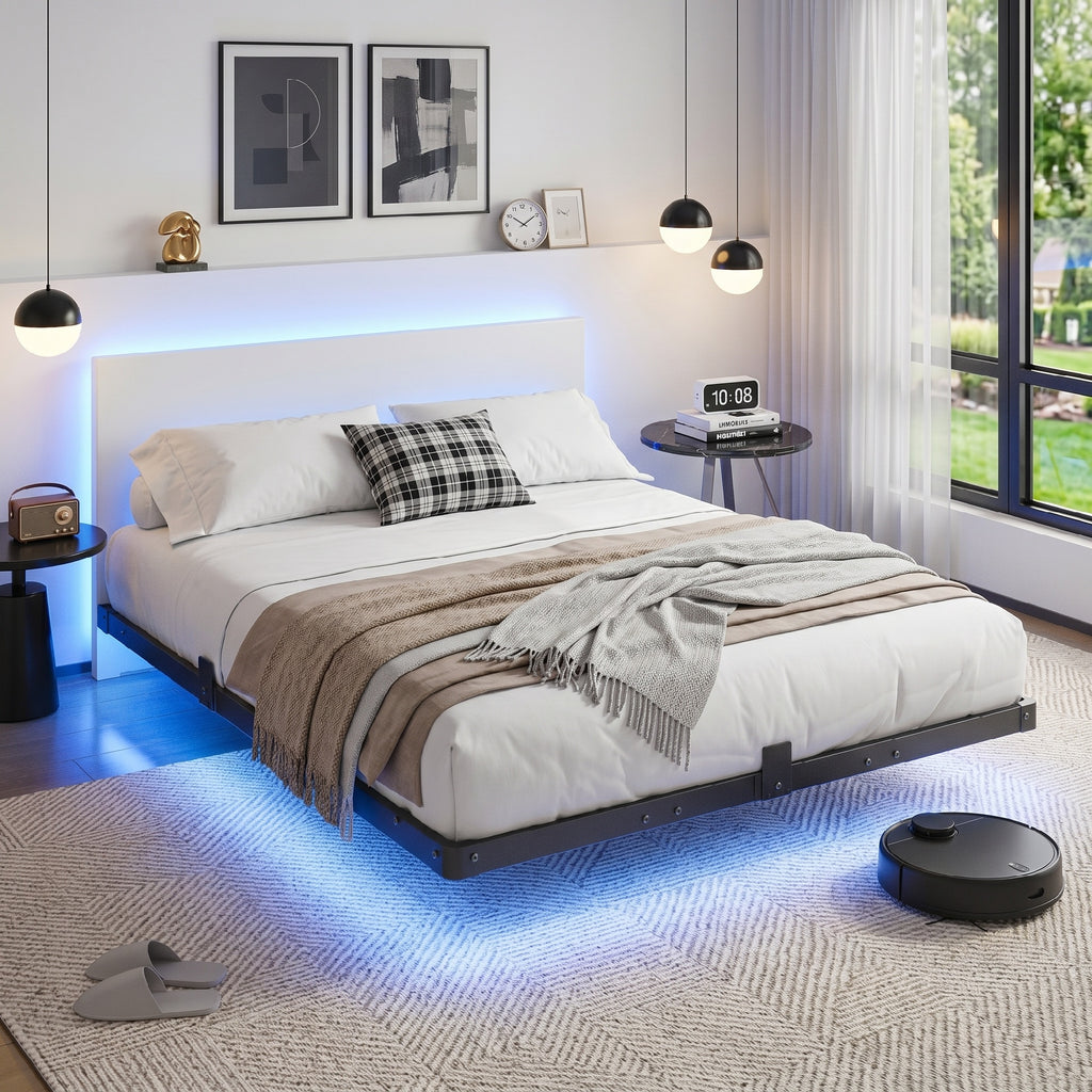 Bexfil Queen Size LED Floating Bed Frame with Remote Control and Charging Station, No Box Spring Needed, Easy to Assemble