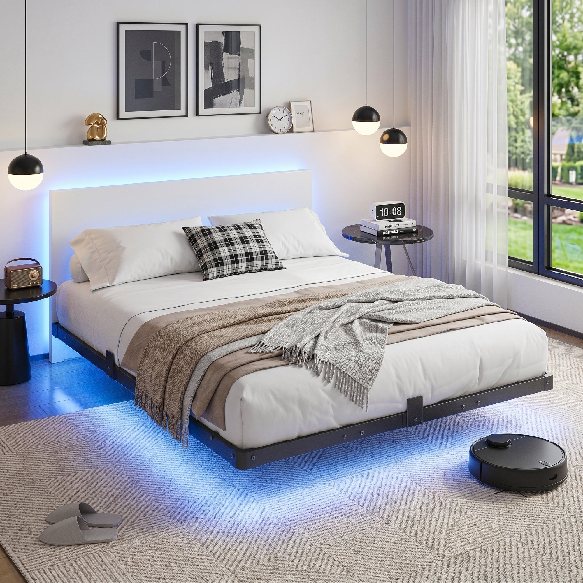 Bexfil Queen Size LED Floating Bed Frame with Remote Control and Charging Station, No Box Spring Needed, Easy to Assemble