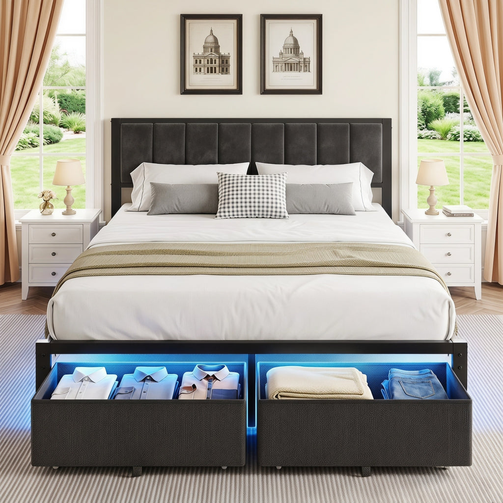 Kbun Queen Bed Frame with 2 Drawers and Upholstered Headboard, Outlets and LED Lights, Heavy Duty Metal Platform with Storage Space Under Frame, No Box Spring Needed, Noise Free, Gray