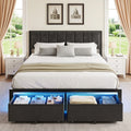 Kbun Queen Bed Frame with 2 Drawers and Upholstered Headboard, Outlets and LED Lights, Heavy Duty Metal Platform with Storage Space Under Frame, No Box Spring Needed, Noise Free, Gray