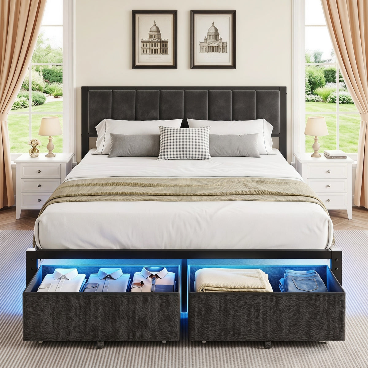 Kbun Queen Bed Frame with 2 Drawers and Upholstered Headboard, Outlets and LED Lights, Heavy Duty Metal Platform with Storage Space Under Frame, No Box Spring Needed, Noise Free, Gray