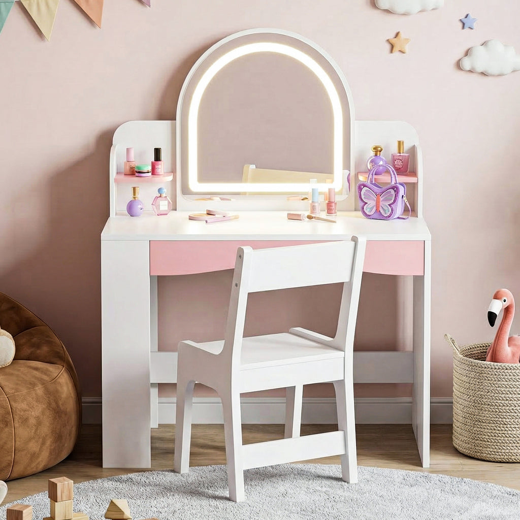 Kbun 27.5 in Wooden Kids' Vanity Set, Princess Style Dressing Table, Stool, and Furniture Set for Girls Ideal Birthday Gift ,White