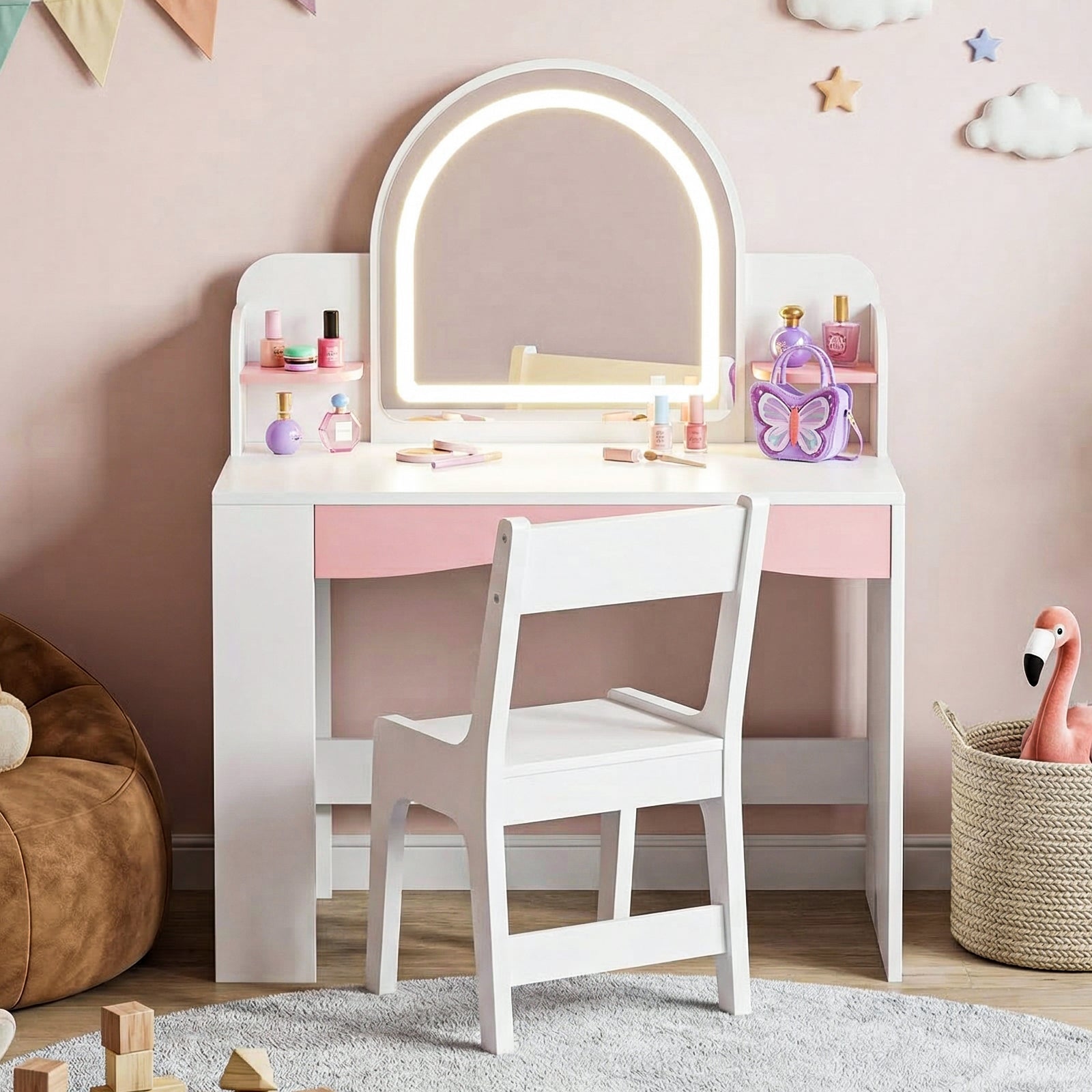 Kbun 27.5 in Wooden Kids' Vanity Set, Princess Style Dressing Table, Stool, and Furniture Set for Girls Ideal Birthday Gift ,White