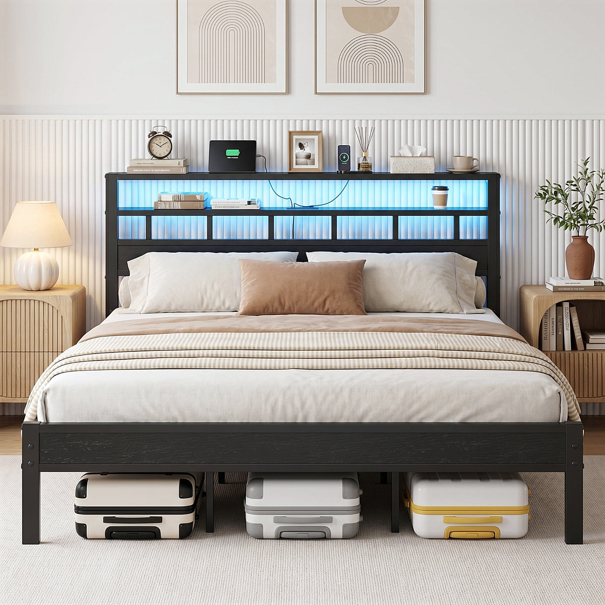 Bexfil King Bed Frame with Storage Headboard and LED Light, Metal Platform Bed Station with Charging Station & LED, Noise-Free, No Box Spring Needed