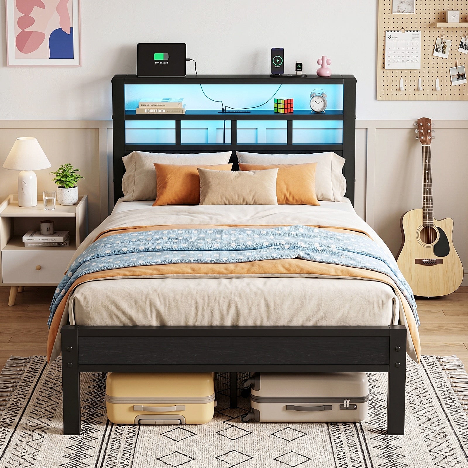 Bexfil Twin Bed Frame with Storage Headboard and LED Light, Metal Platform Bed Station with Charging Station & LED, Noise-Free, No Box Spring Needed