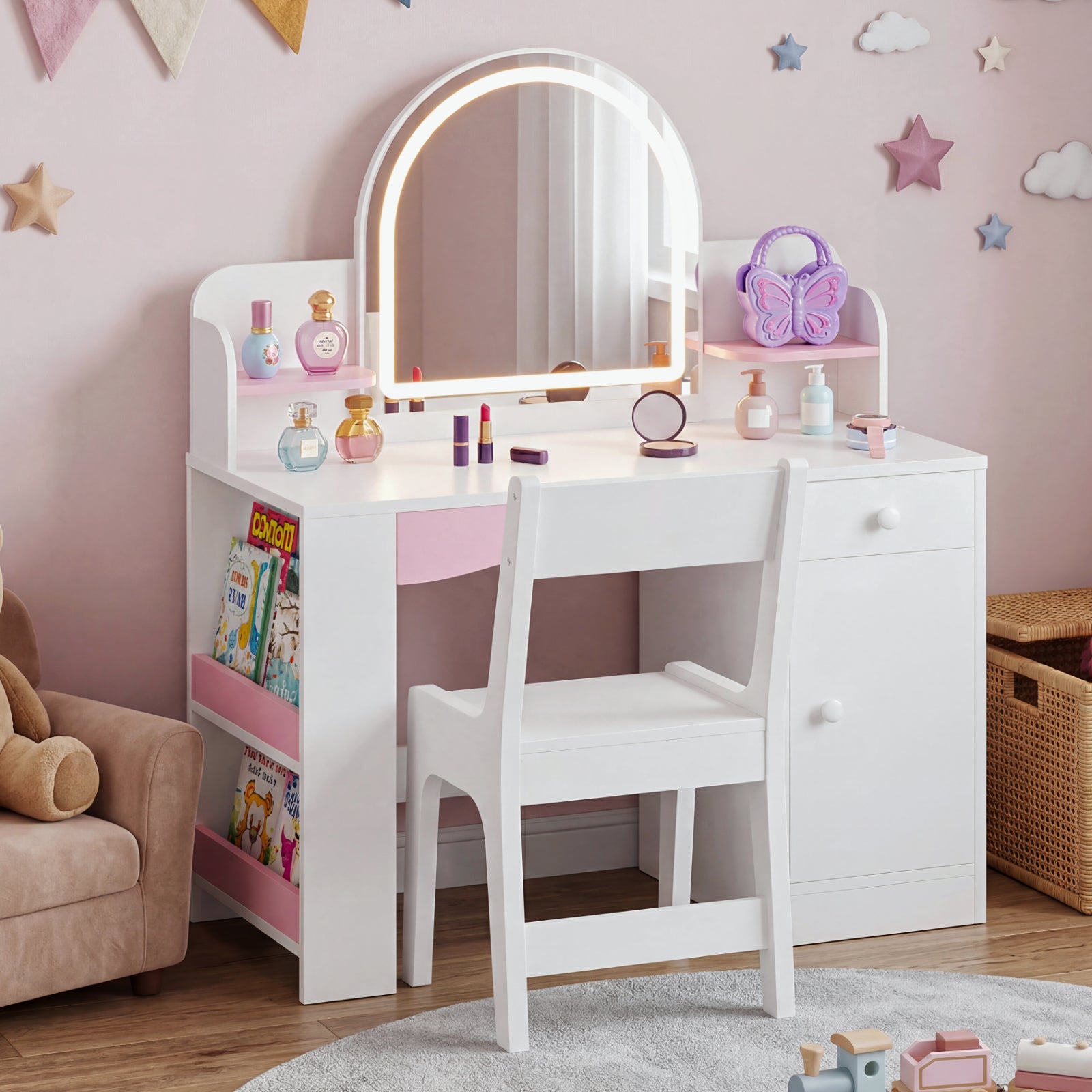 Bexfil Kids Vanity with Lights, Princess Vanity Table and Chair Set for Girls, Toddler Makeup Desk with Open Storage Shelves, for Bedroom or Playroom
