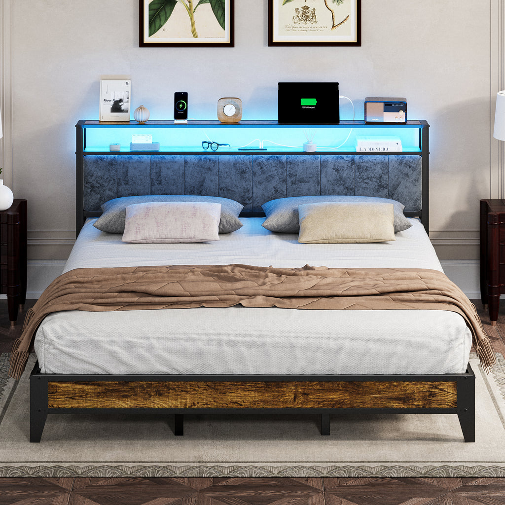 Dayago King Size Bed Frame, Storage Headboard with Charging Station, Solid and Stable, Noise Free, No Box Spring Needed, Easy Assembly, Rustic Brown