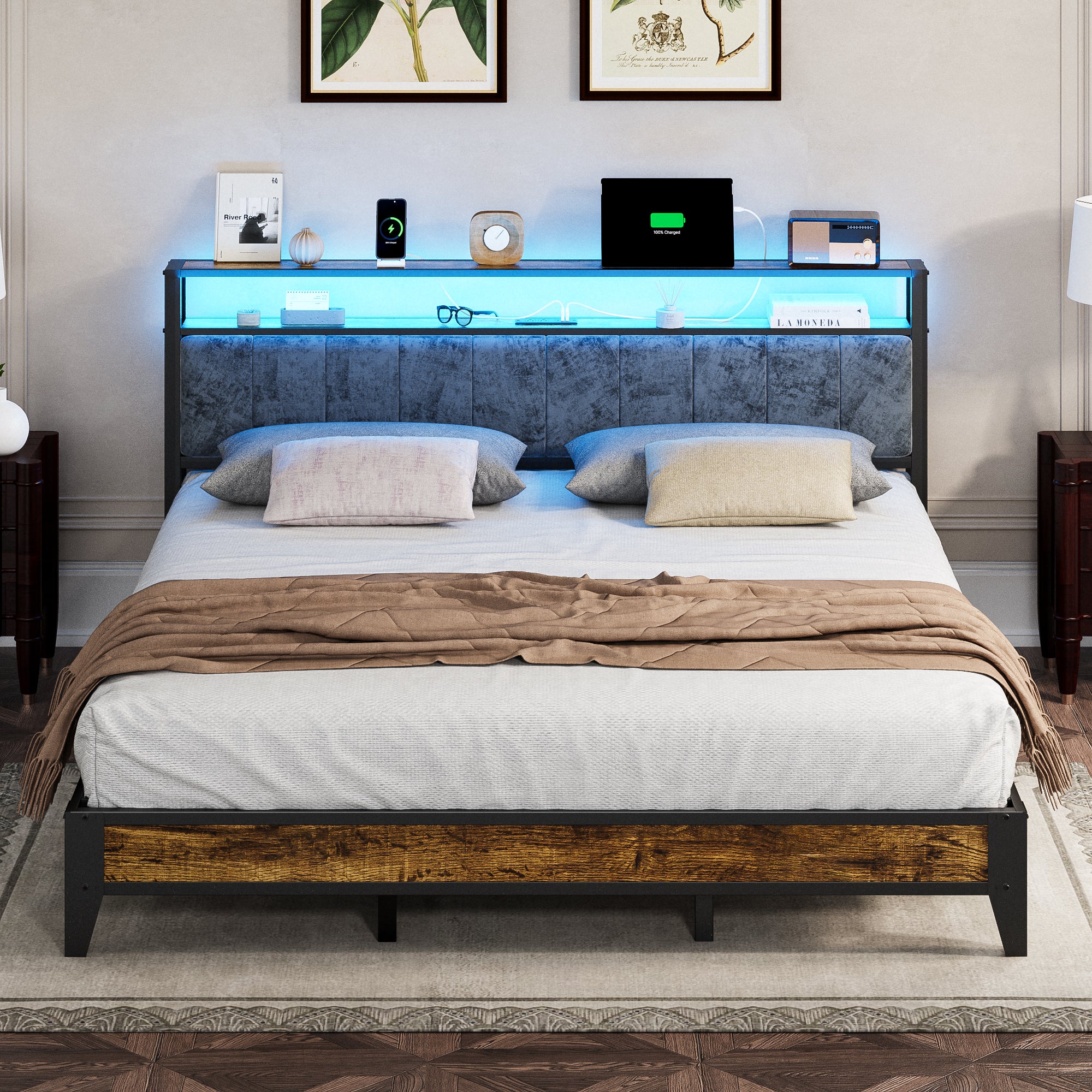 Dayago King Size Bed Frame, Storage Headboard with Charging Station, Solid and Stable, Noise Free, No Box Spring Needed, Easy Assembly, Rustic Brown