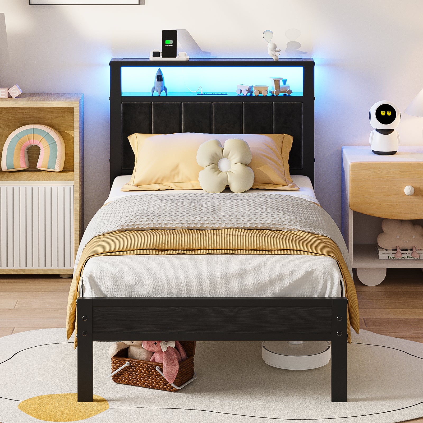 Dayago Upholstered Twin Size Bed Frame with LED Lights Charging Station Shelf Headboard Heavy Duty Metal Platform Bed, Noise Free,Black