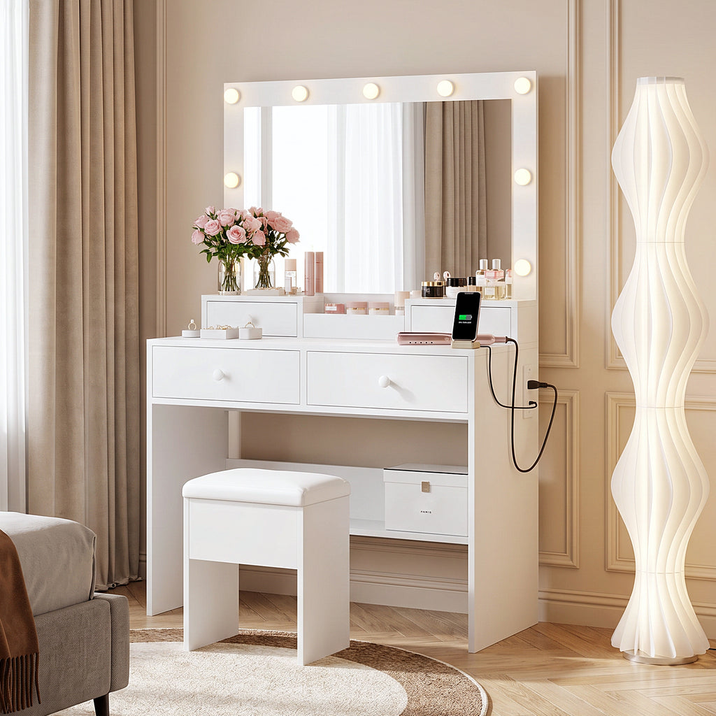 Haewon 31" Vanity Desk with Mirror, LED Lights and Charging Station, Makeup Vanity with Storage Stool, Vanity Set for Bedroom, White