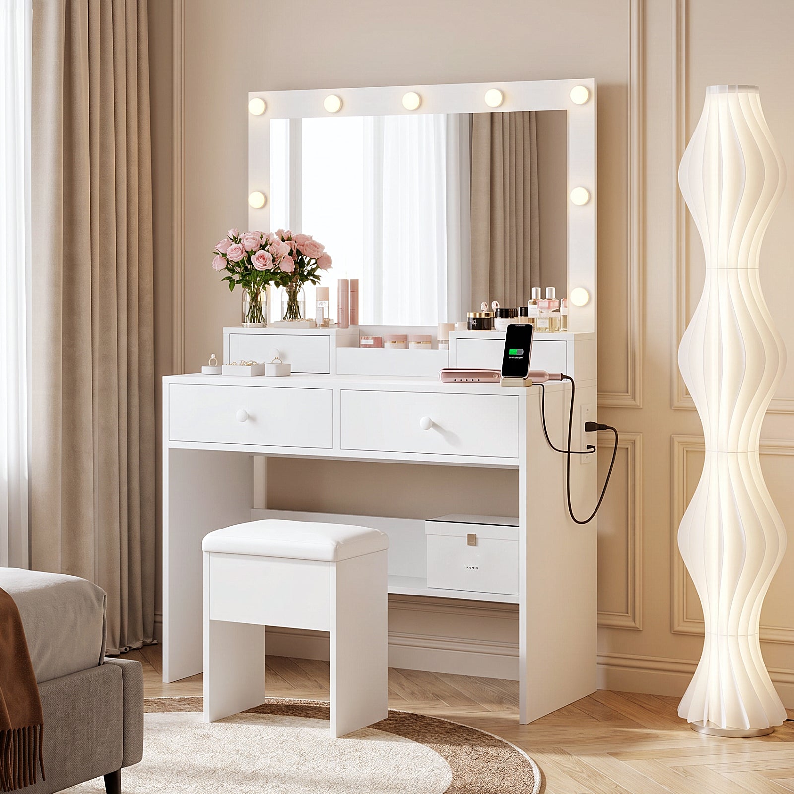 Haewon 31" Vanity Desk with Mirror, LED Lights and Charging Station, Makeup Vanity with Storage Stool, Vanity Set for Bedroom, White