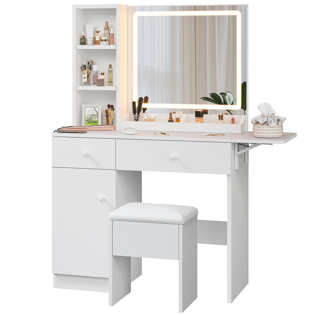 Haewon 35" Vanity Desk with Mirror, LED Light, Power Outlet, Makeup Vanity with Storage Cabinet and Foldable Panel, Vanity Set with Cushioned Stool, White