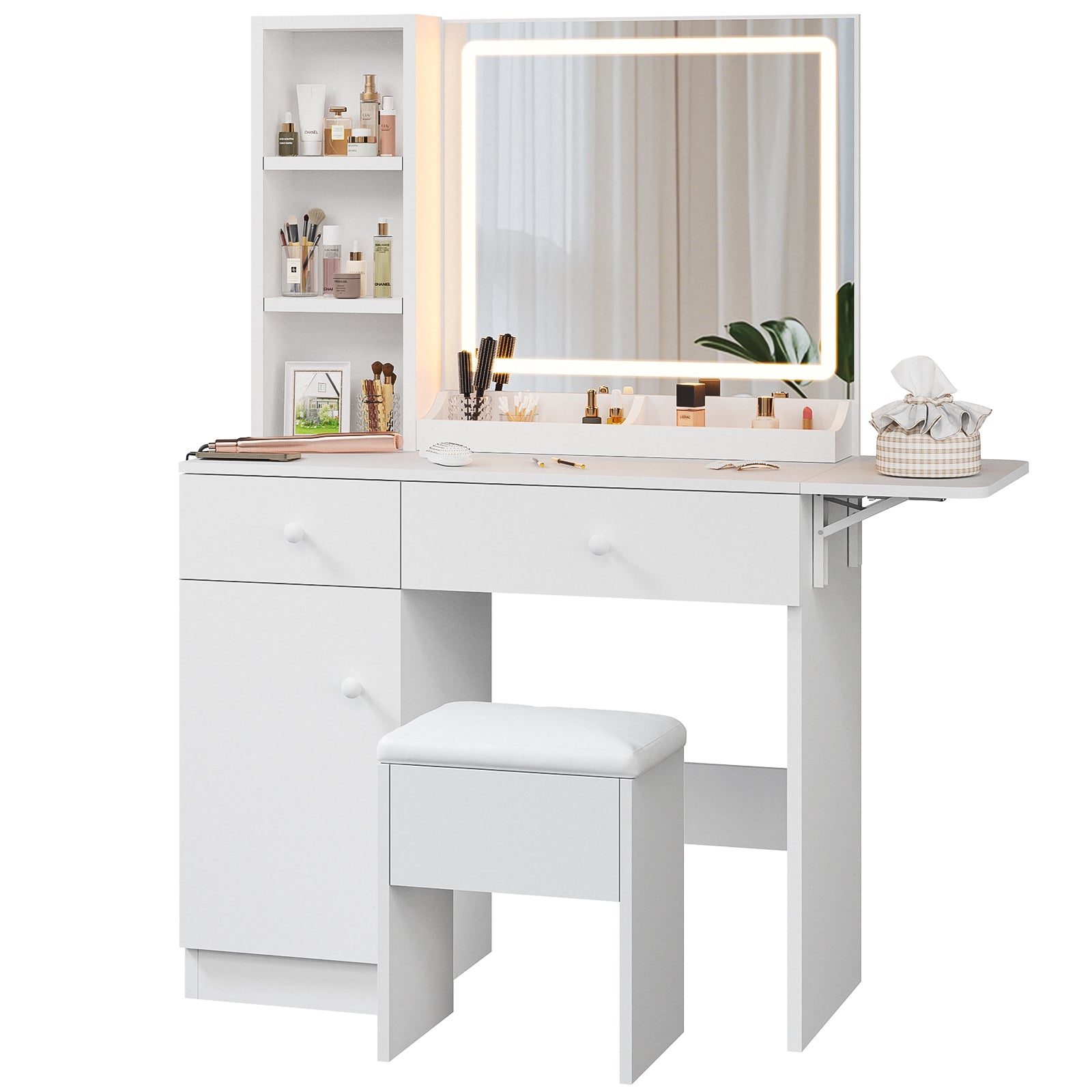 Haewon 35" Vanity Desk with Mirror, LED Light, Power Outlet, Makeup Vanity with Storage Cabinet and Foldable Panel, Vanity Set with Cushioned Stool, White