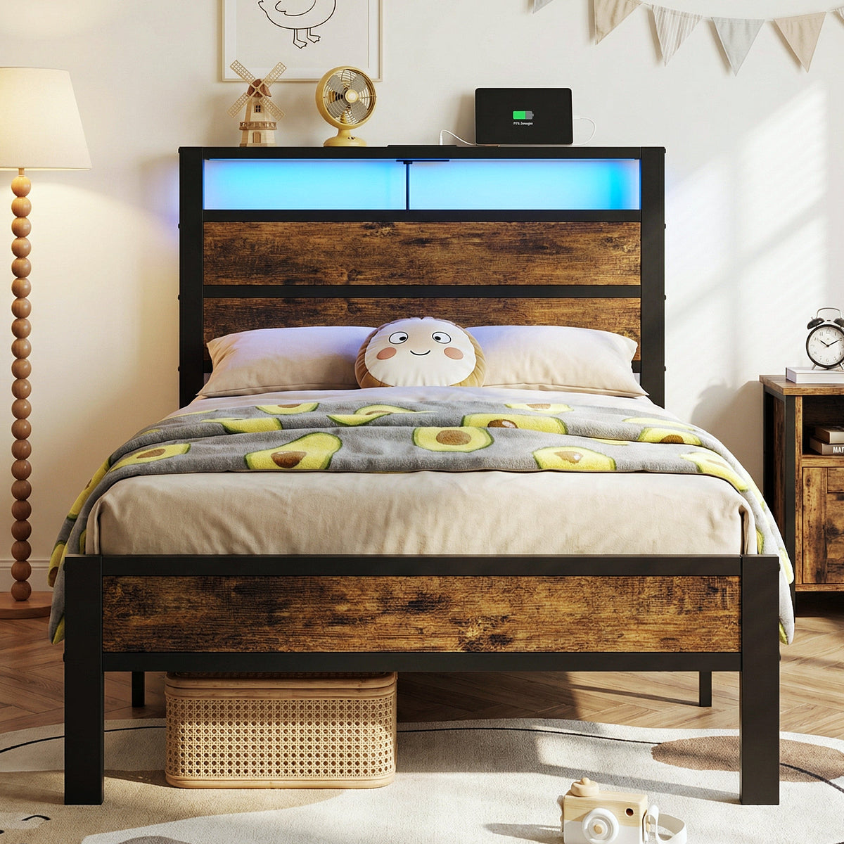 Kbun Twin Size Bed Frame with Wooden Headboard, USB and Type-C Charging Station, Smart LED Lights, Under-Bed Storage, Quiet Metal Platform Twin Size, No Box Spring Required, Easy Assembly