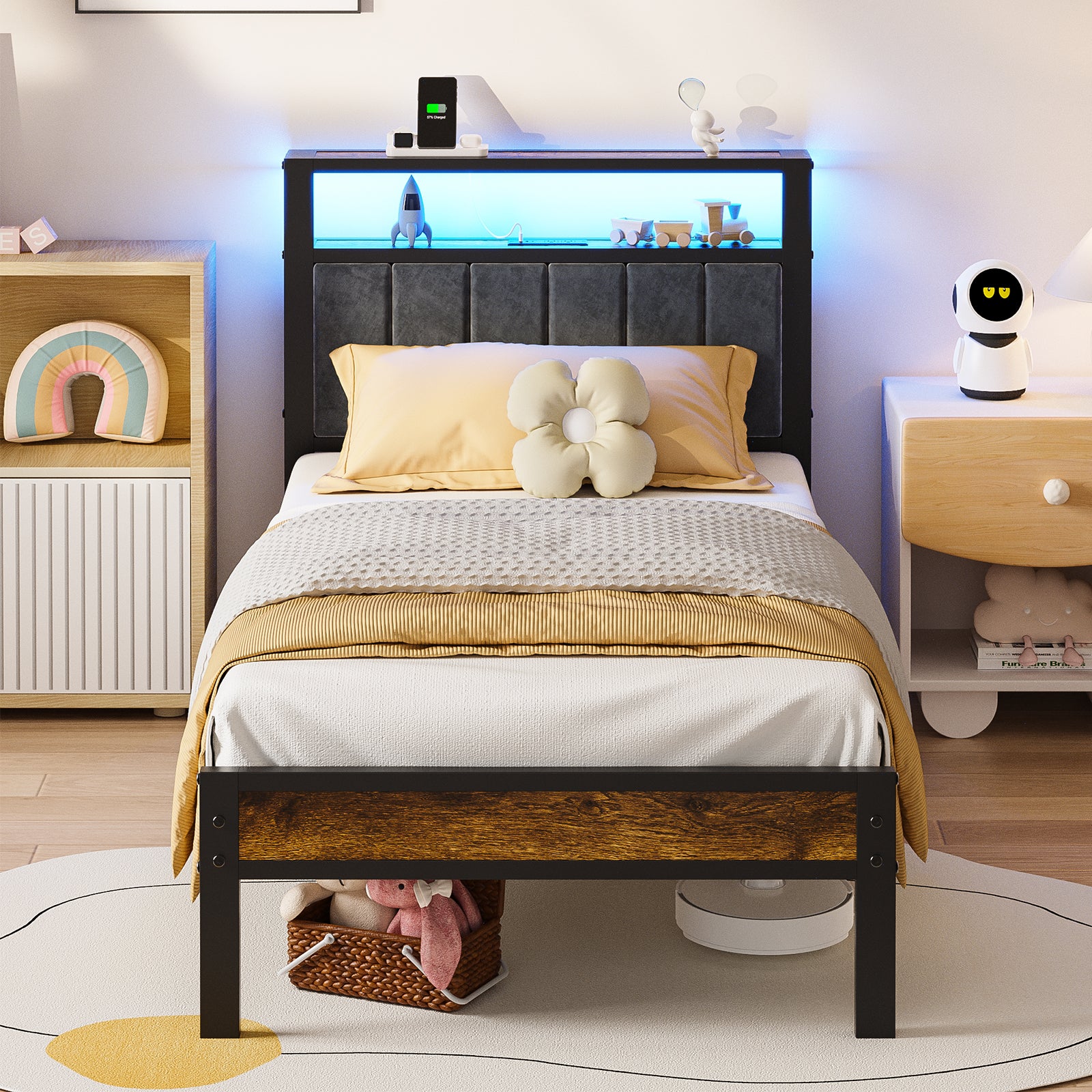 Kbun Twin Bed Frame with LED Lights & Charging Station, Metal Platform Bed Frame with 2-Tier Storage Headboard, Under Bed Storage Space, No Box Spring Needed, Noise Free