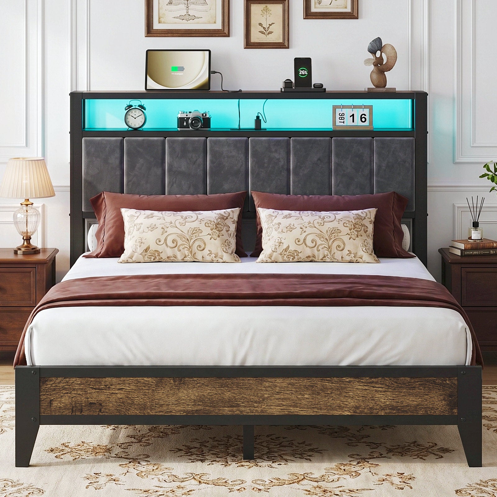 Bexfil Queen Size Platform Bed Frame with LED Light and Charging Station Storage Headboard, Great Support and Long-Term Durability, Weight Capacity of 1700 lbs