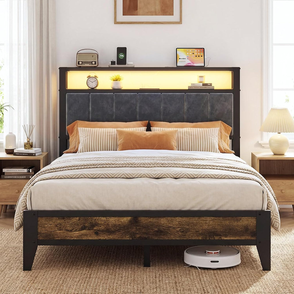 OLEVS Full Size Bed Frame with Headboard, LED Light & Charging Station| Metal Platform Bed Upholstered Headboard 2-Tier