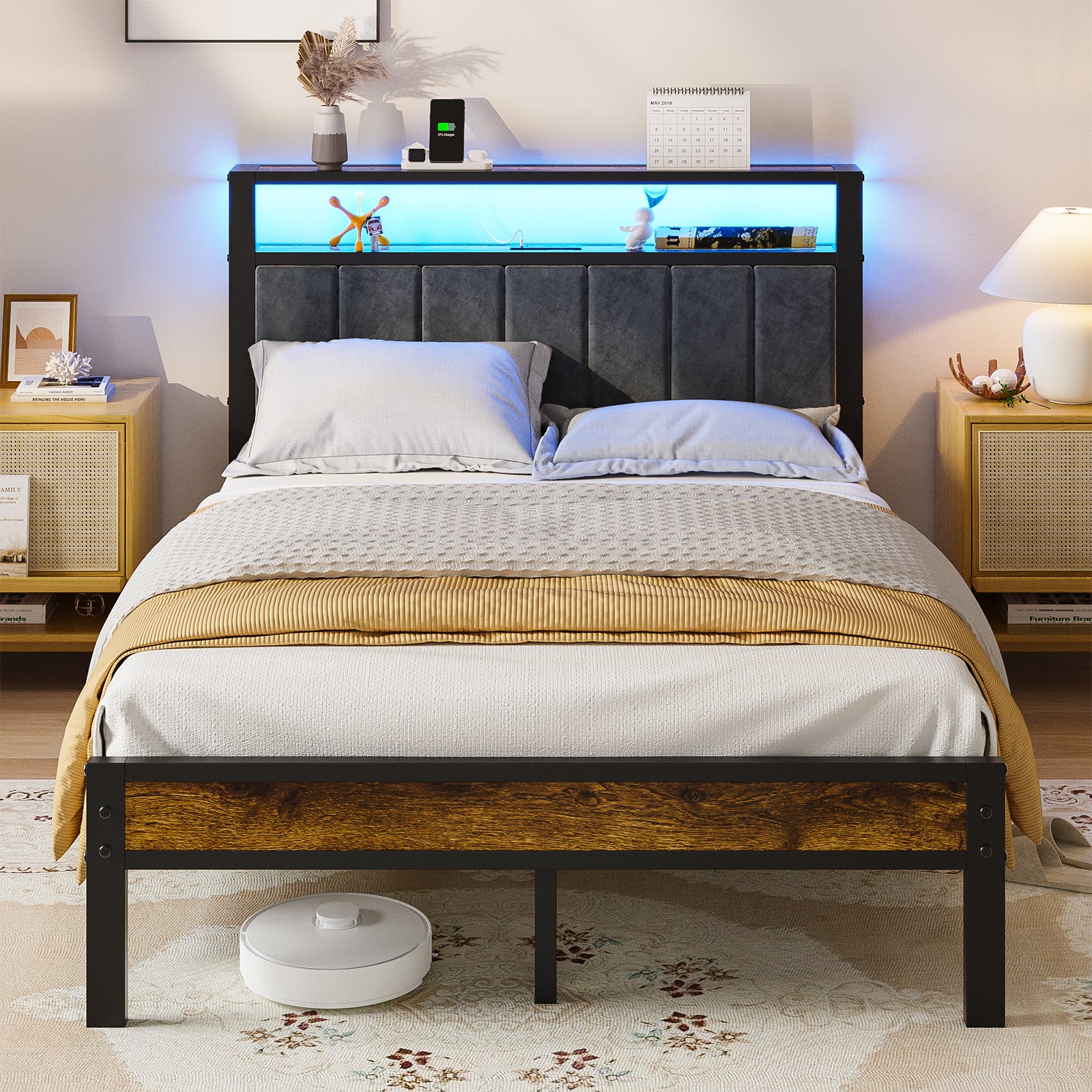 Kbun Full Bed Frame with Charging Station and LED Lights, Full Size Platform Bed with Metal Slats, Upholstered Headboard with 2-Tier Storage Shelves, No Box Spring Needed