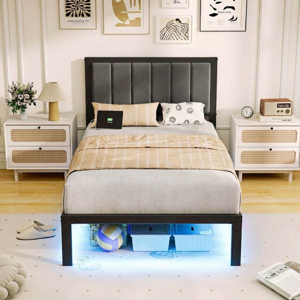Bexfil Twin Size Upholstered Bed Frame with Metal Slat Support, Metal Platform Bed Frame Charging Station Mattress Foundation, Gray