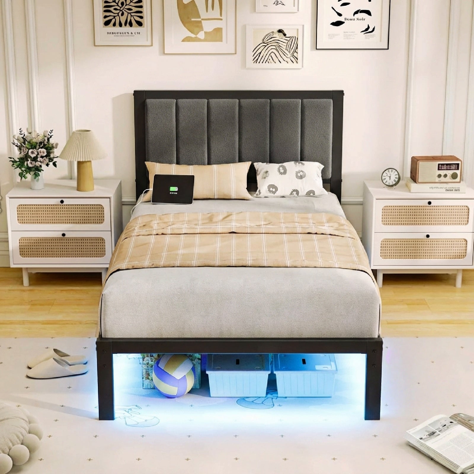 Bexfil Twin Size Upholstered Bed Frame with Metal Slat Support, Metal Platform Bed Frame Charging Station Mattress Foundation, Gray