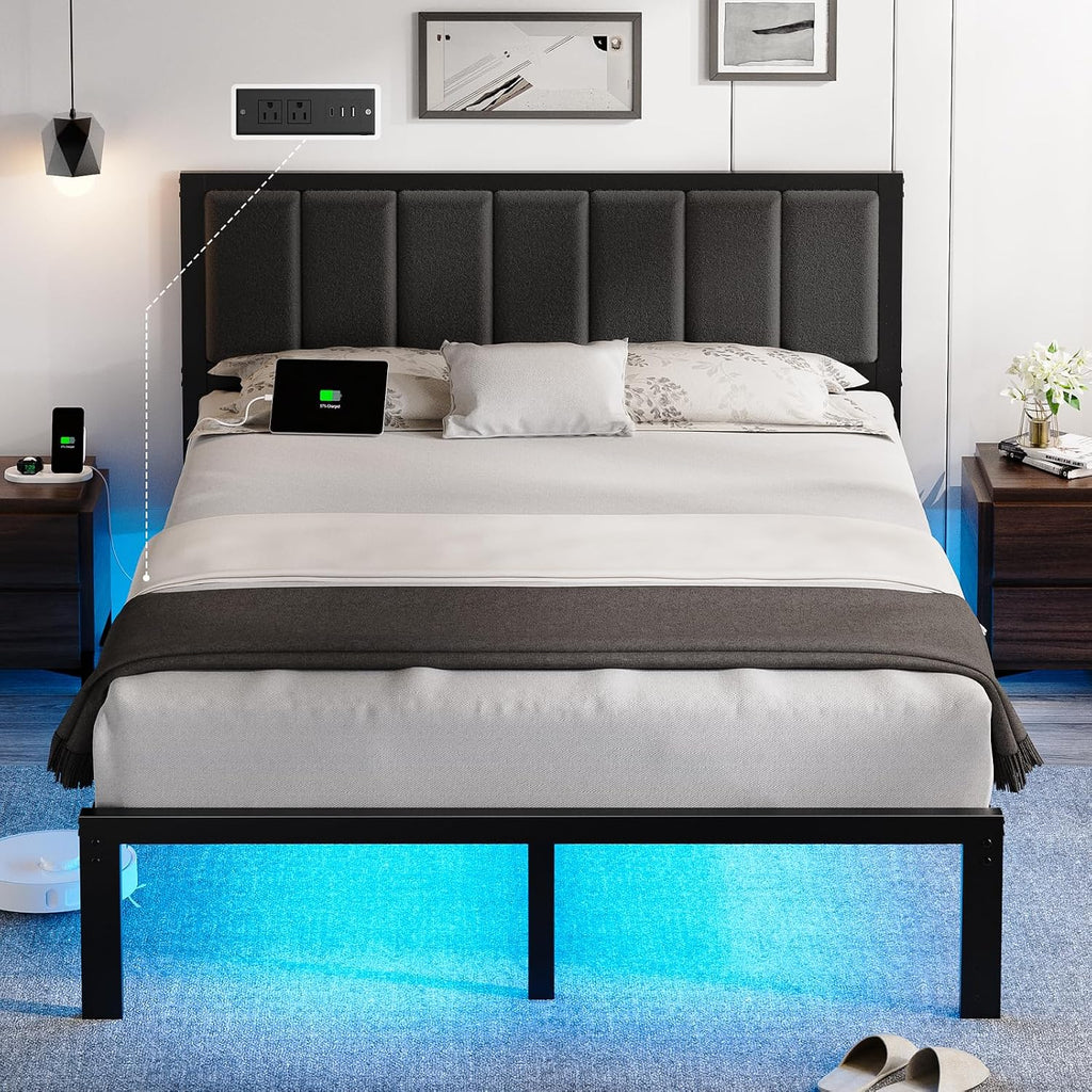 OLEVS Queen Bed Frame with Headboard, Smart LED & Charging Station| Metal Platform Bed Queen Size with LED, USB Charging & Upholstered Headboard, 1,000 lbs Weight Capacity, No Box Spring Needed
