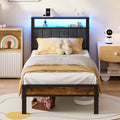 Bexfil Twin Size Bed Frame with LED Lights, Charging Station and Shelf Upholstered Headboard, Heavy Duty Metal Platform Bed, Noise Free, No Box Spring Needed Brown