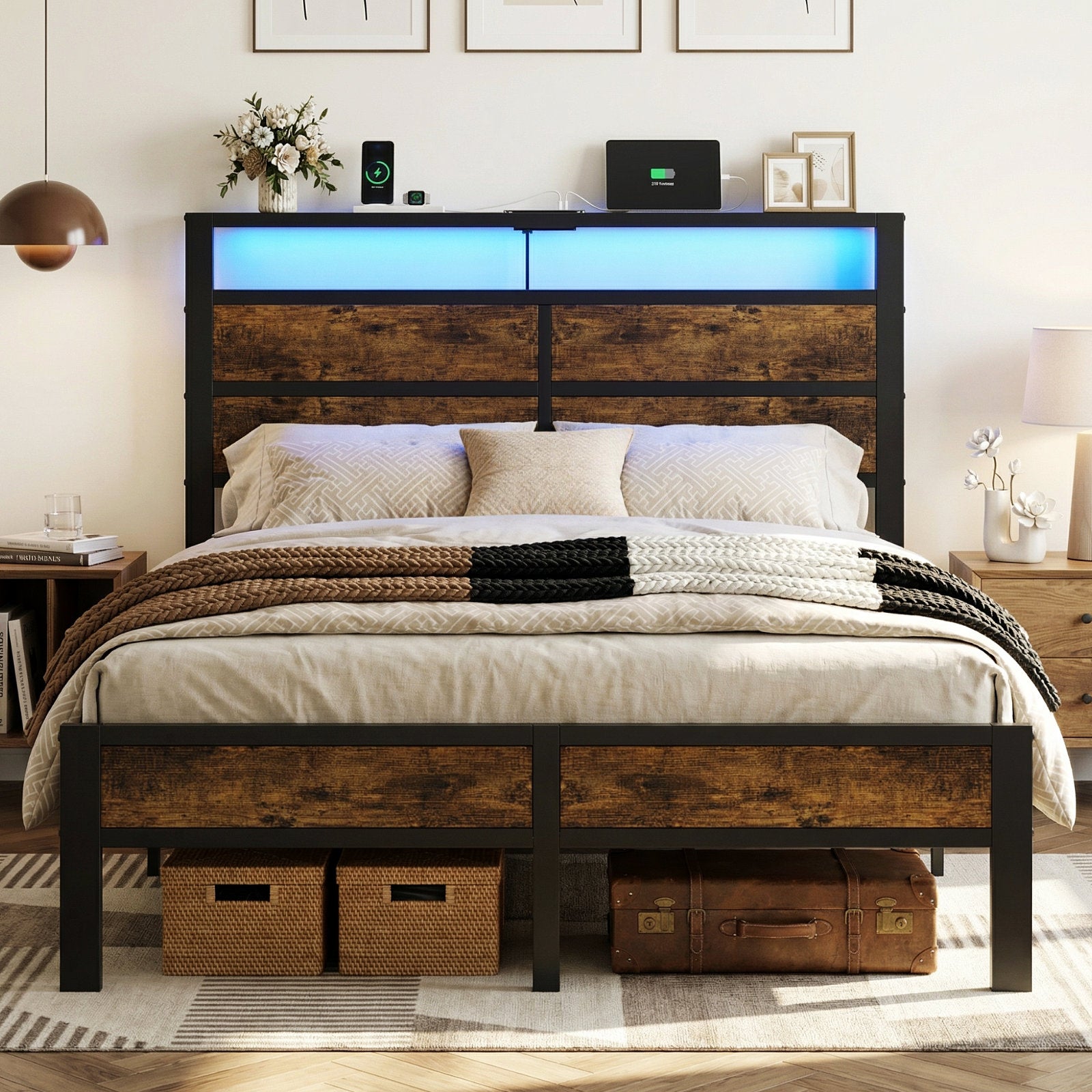 Bexfil Full Platform Bed with Charging Station and LED Lights - Wood Headboard Frame with USB Ports and Power Outlet - Noise-Free, No Box Spring Needed, Brown