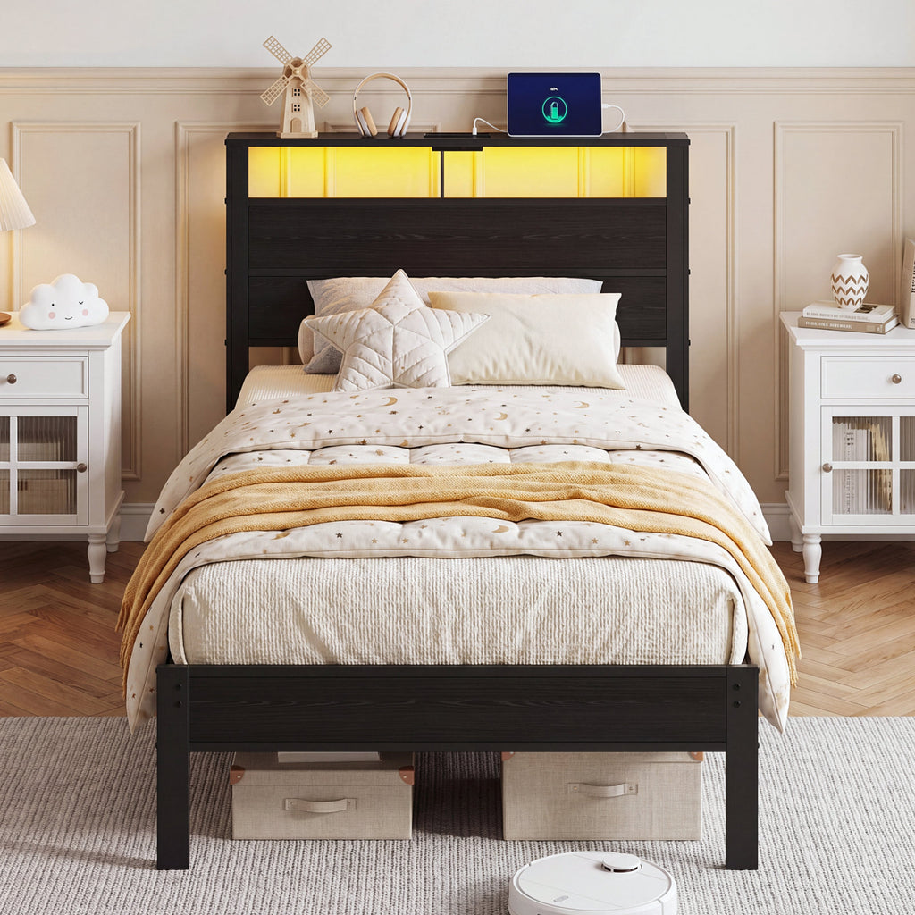 Kbun Twin Size Platform Bed Frame with Fabric Wood Headboard, Metal Bed Frame with LED Light, Heavy Duty Steel Slat Supported Full Bed Frames, No Box Spring Needed, Black