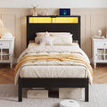 Kbun Twin Size Platform Bed Frame with Fabric Wood Headboard, Metal Bed Frame with LED Light, Heavy Duty Steel Slat Supported Full Bed Frames, No Box Spring Needed, Black