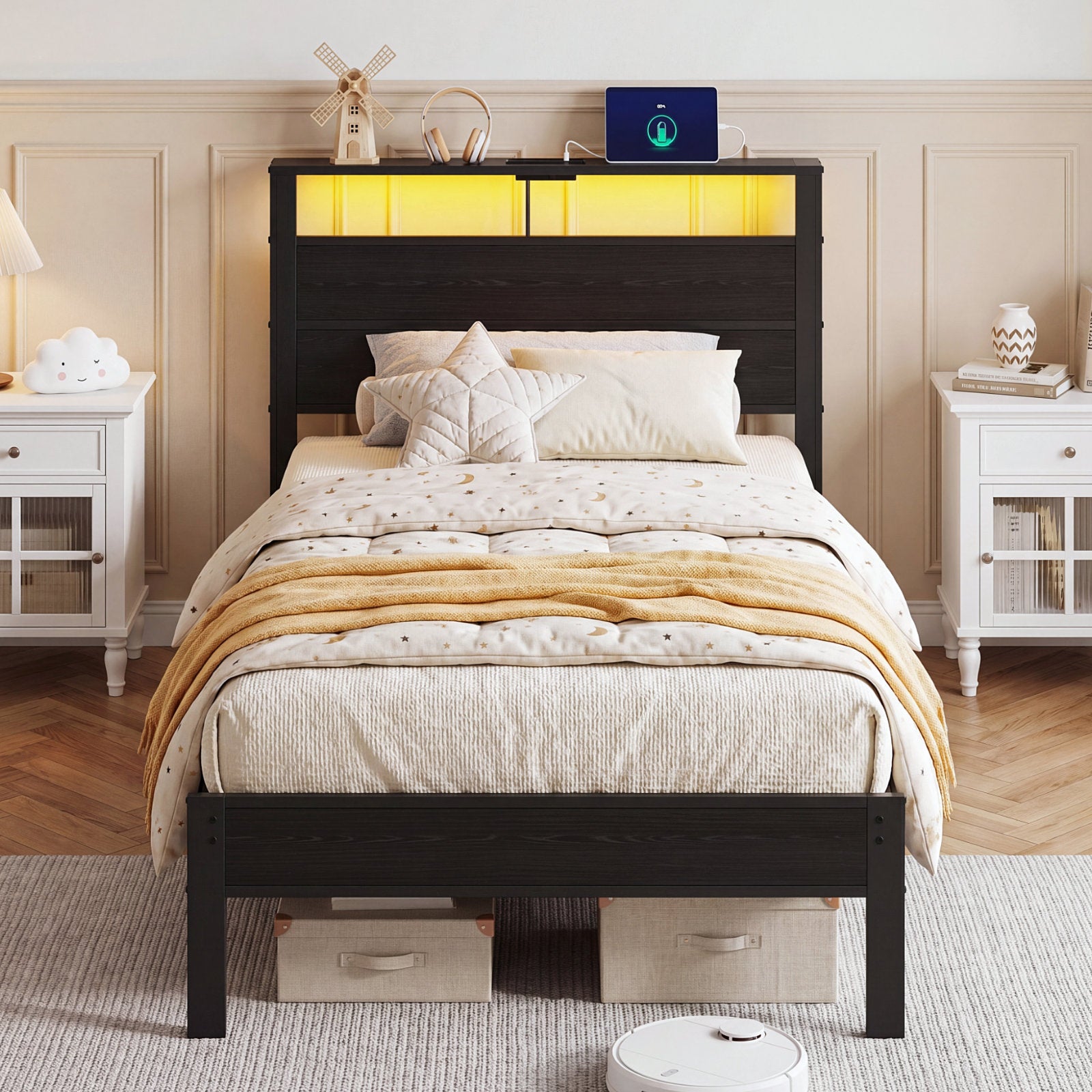 Kbun Twin Size Platform Bed Frame with Fabric Wood Headboard, Metal Bed Frame with LED Light, Heavy Duty Steel Slat Supported Full Bed Frames, No Box Spring Needed, Black