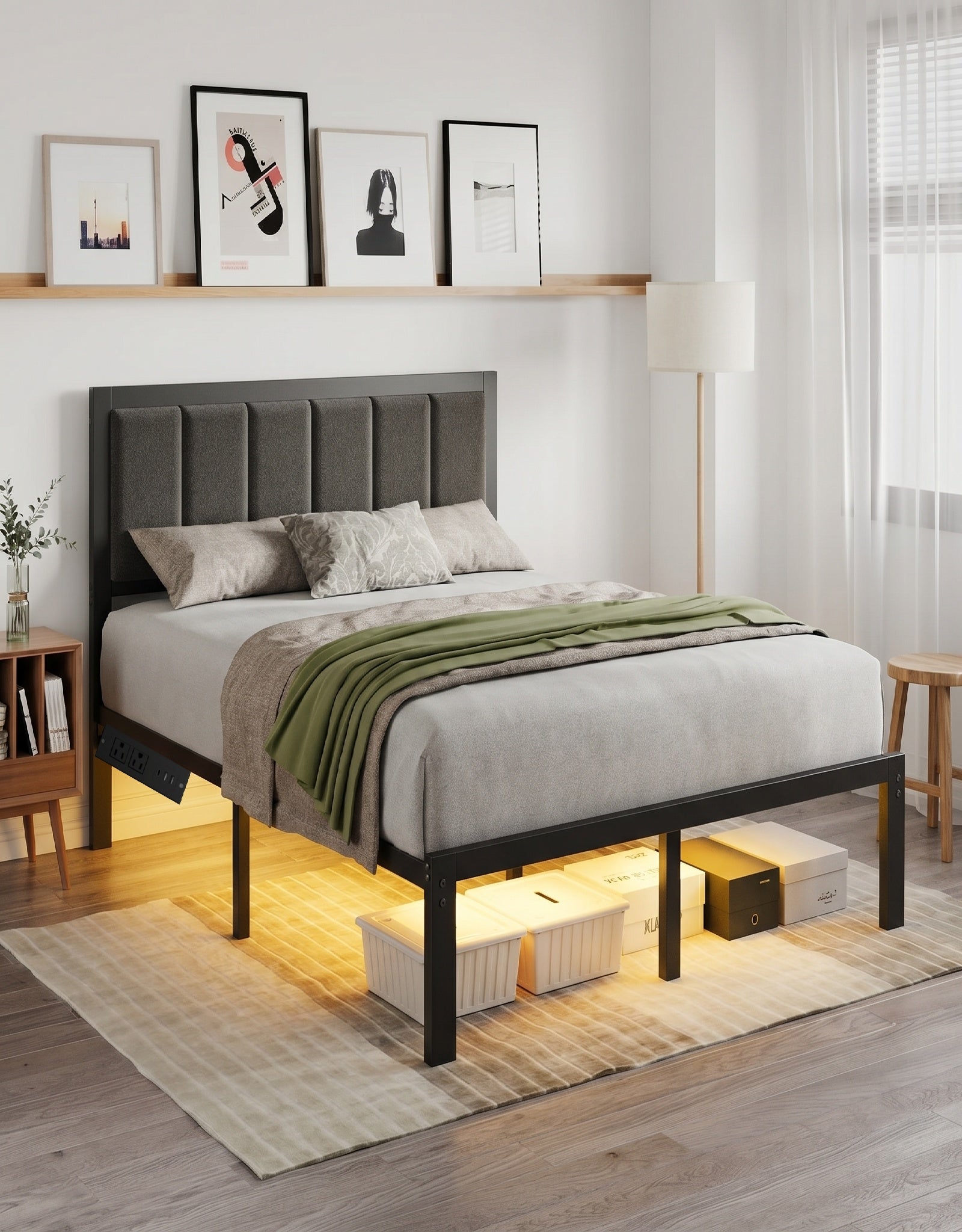 Bexfil Full Size Upholstered Bed Frame with Metal Slat Support, Metal Platform Bed Frame Charging Station Mattress Foundation, Gray