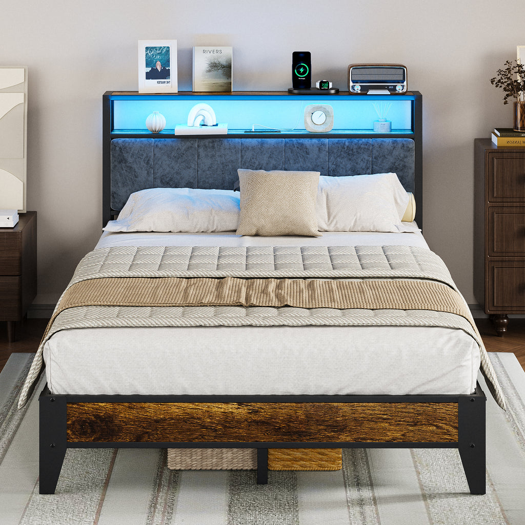 Dayago Full Size Bed Frame, Storage Headboard with Charging Station, Solid and Stable, Noise Free, No Box Spring Needed, Easy Assembly, Rustic Brown