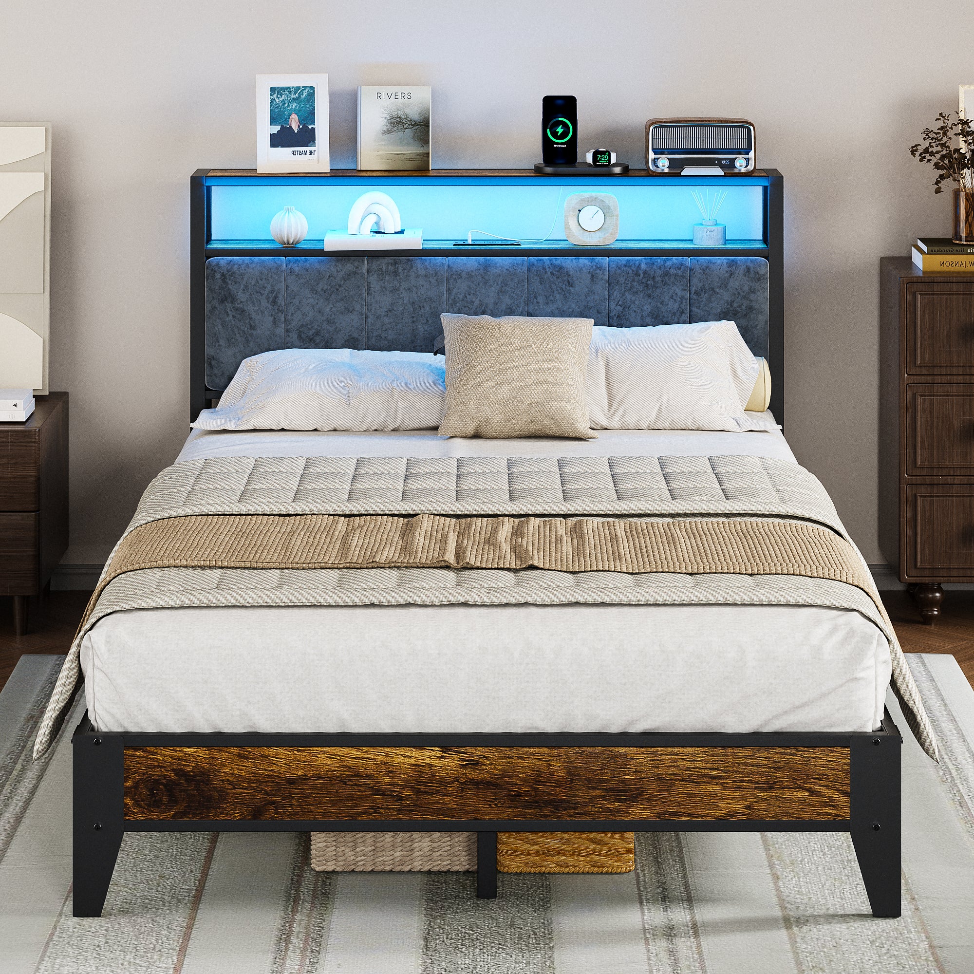 Dayago Full Size Bed Frame, Storage Headboard with Charging Station, Solid and Stable, Noise Free, No Box Spring Needed, Easy Assembly, Rustic Brown