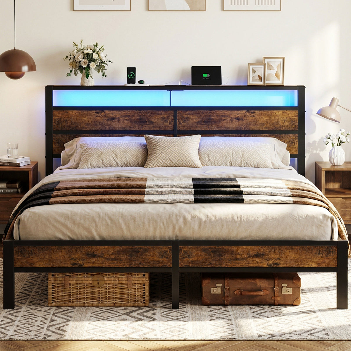 Bexfil King Size Bed Frame,Heavy Duty Metal Platform with Storage Headboard and LED Light,No Box Spring Needed,Easy Assembly,Brown