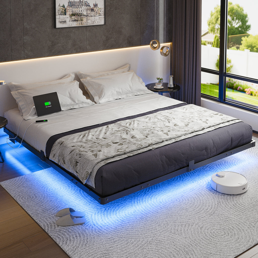 Kbun King Floating Bed Frame with Smart LED Lights and Charging Station, Heavy Duty Metal Platform Bed Frame, Noise-Free, Under-Bed Storage, No Box Spring Needed