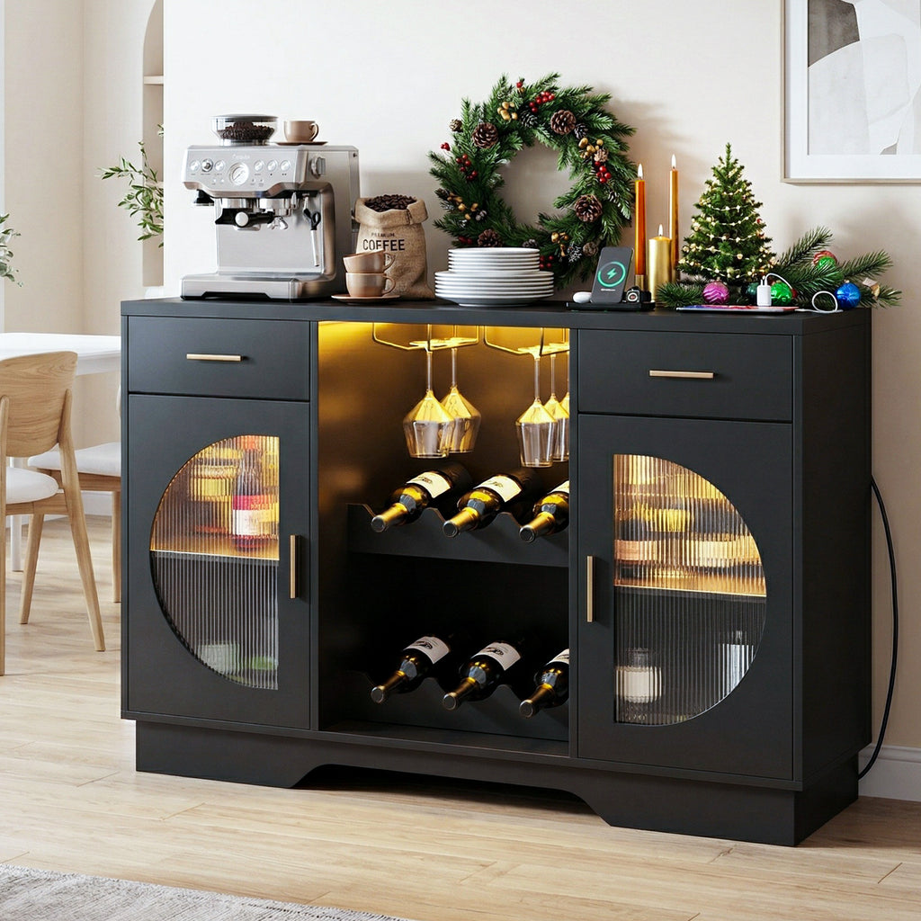 Kbun Coffee Bar Cabinet with Fridge Space, Wine Bar with LED Lights & Power Outlet, Sideboard for Home with Glass Doors, Freestanding Liquor Cabinet, Black