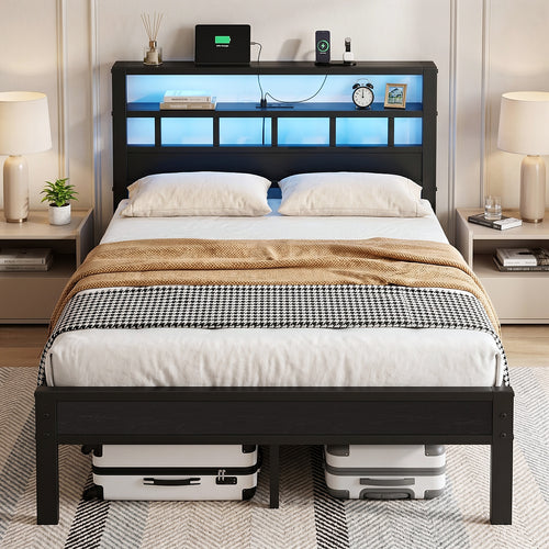 Bexfil Full Bed Frame with Storage Headboard and LED Light, Metal Platform Bed Station with Charging Station & LED, Noise-Free, No Box Spring Needed