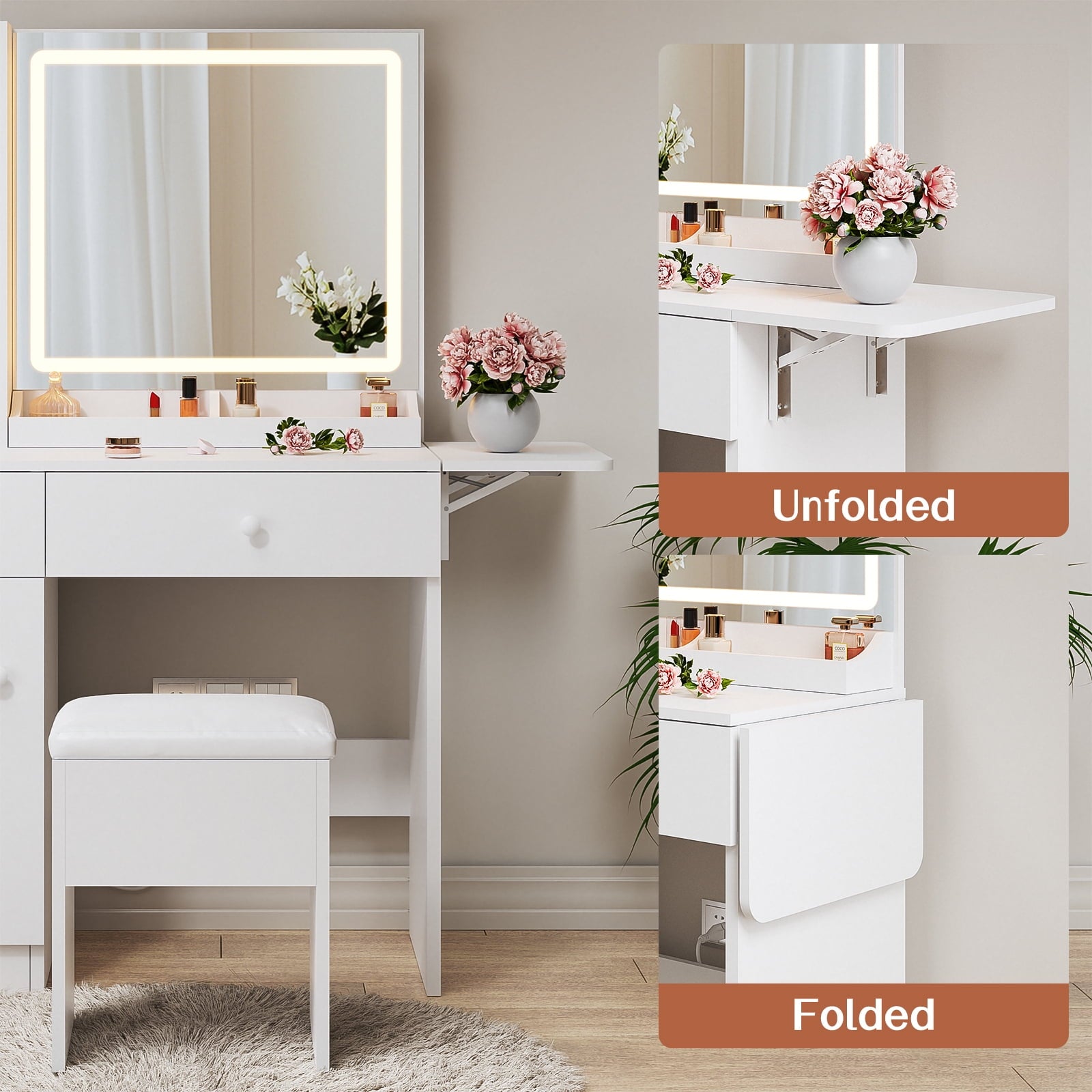 Bexfil Vanity Set Dressing Table and Chair Set with 3 Lighting Modes, Makeup Vanity Desk Mirror and Lights, White
