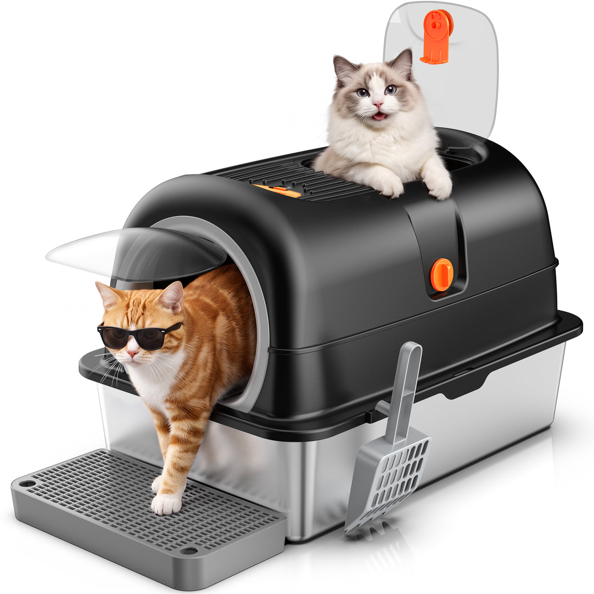 Ferhtm 38L XL Stainless Steel Cat Litter Box with 3-in-1 Design, Dual Doors & Odor Control - Fits Large & Multiple Cats