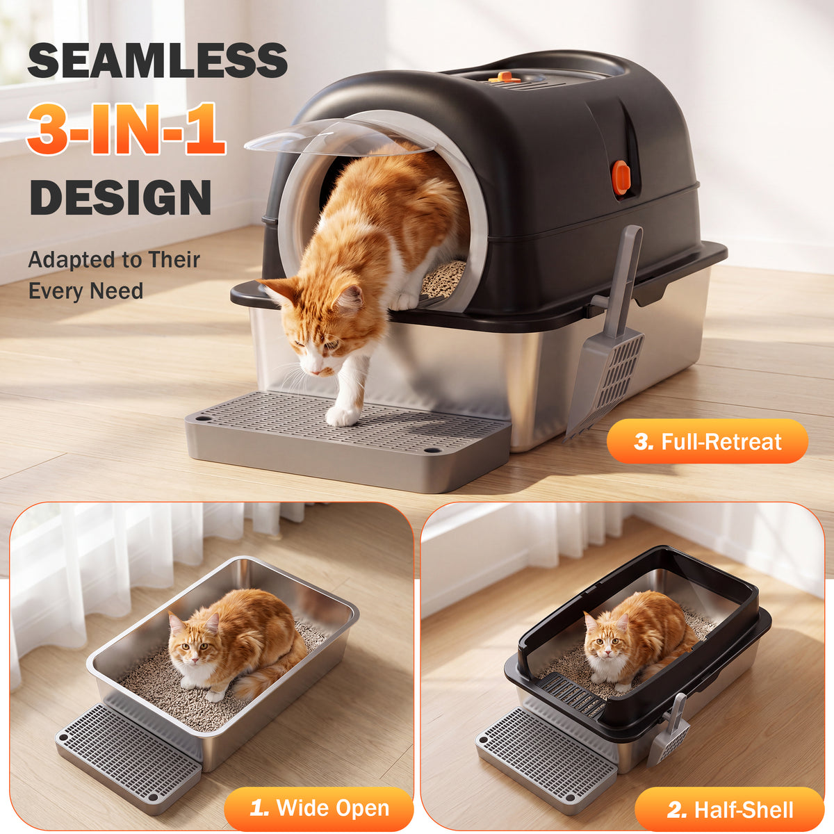 Ferhtm 38L XL Stainless Steel Cat Litter Box with 3-in-1 Design, Dual Doors & Odor Control - Fits Large & Multiple Cats