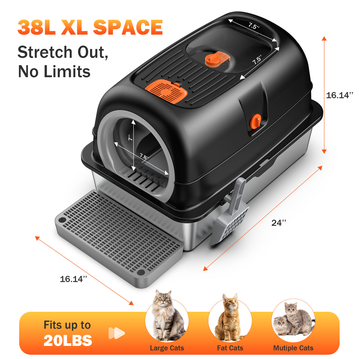 Ferhtm 38L XL Stainless Steel Cat Litter Box with 3-in-1 Design, Dual Doors & Odor Control - Fits Large & Multiple Cats