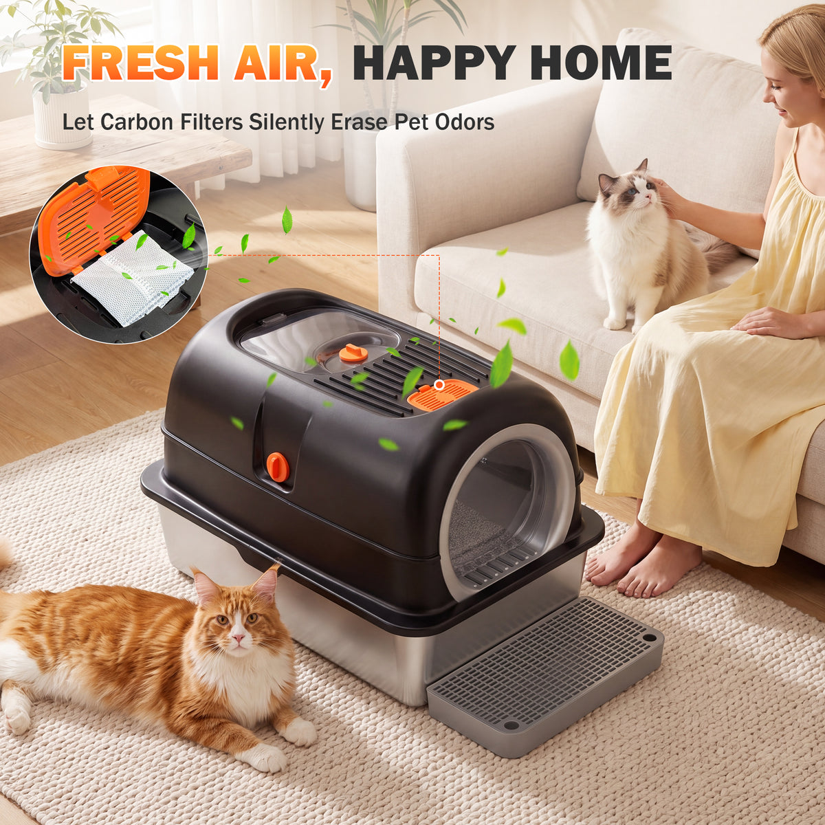 Ferhtm 38L XL Stainless Steel Cat Litter Box with 3-in-1 Design, Dual Doors & Odor Control - Fits Large & Multiple Cats