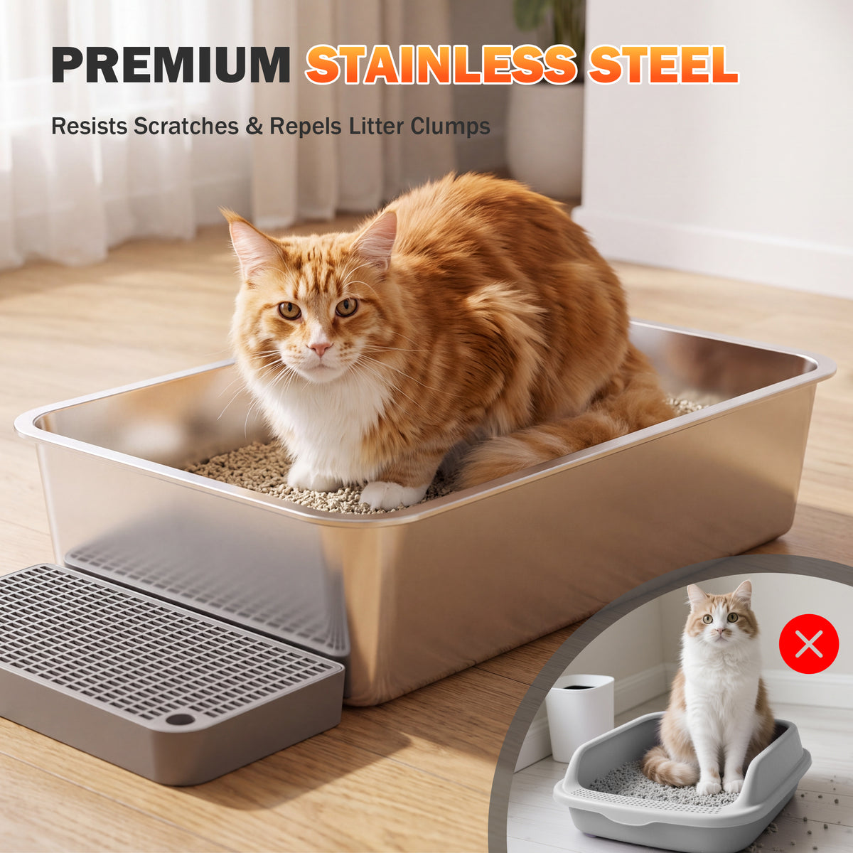 Ferhtm 38L XL Stainless Steel Cat Litter Box with 3-in-1 Design, Dual Doors & Odor Control - Fits Large & Multiple Cats