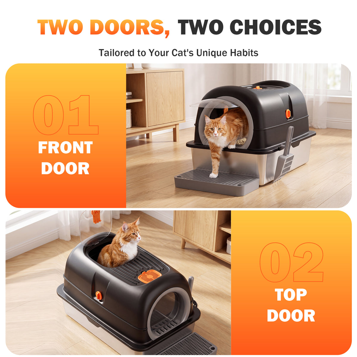 Ferhtm 38L XL Stainless Steel Cat Litter Box with 3-in-1 Design, Dual Doors & Odor Control - Fits Large & Multiple Cats