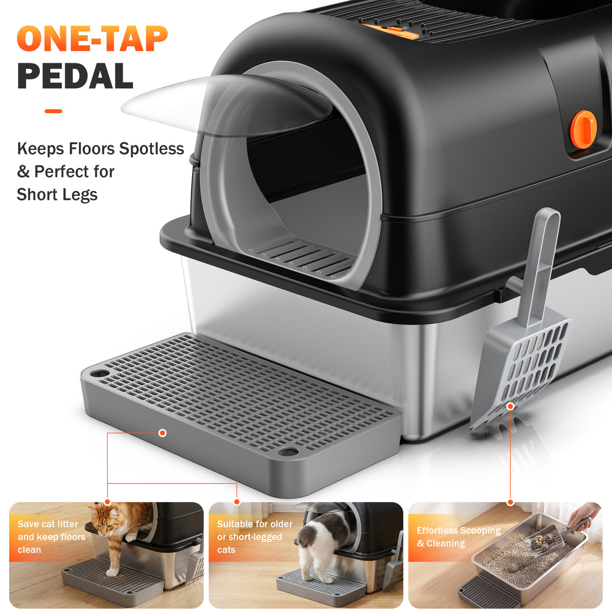 Ferhtm 38L XL Stainless Steel Cat Litter Box with 3-in-1 Design, Dual Doors & Odor Control - Fits Large & Multiple Cats