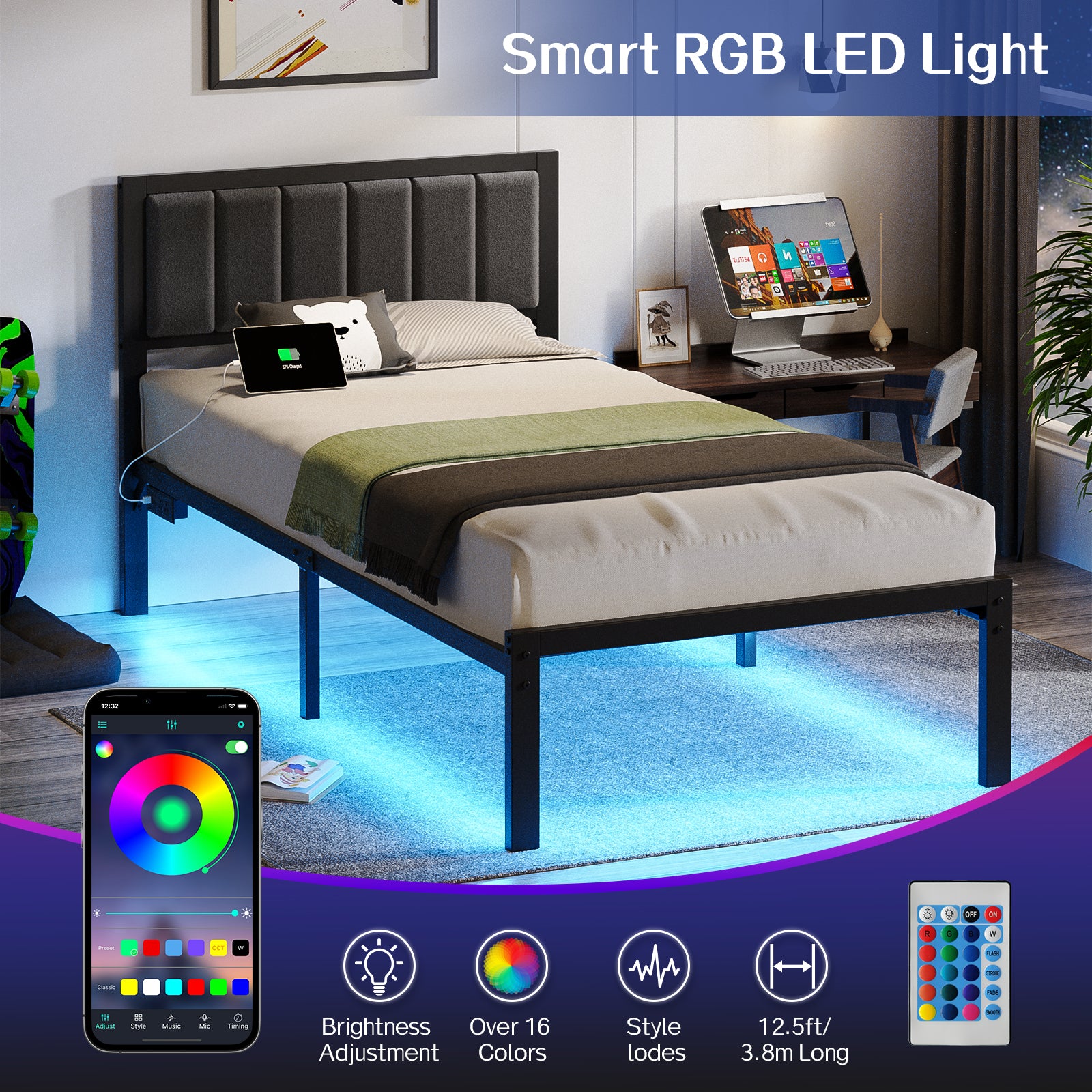 Dayago Twin Size Bed Frame with Upholstered Headboard, Adjustable LED Lights and Power Outlet, No Box Spring Required